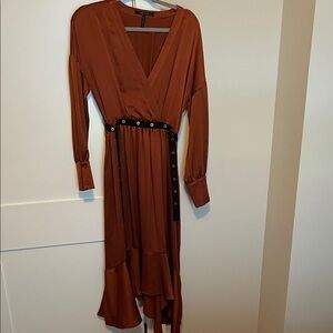 BCBGMaxAzria Rust Long Sleeve Dress with Black Belt